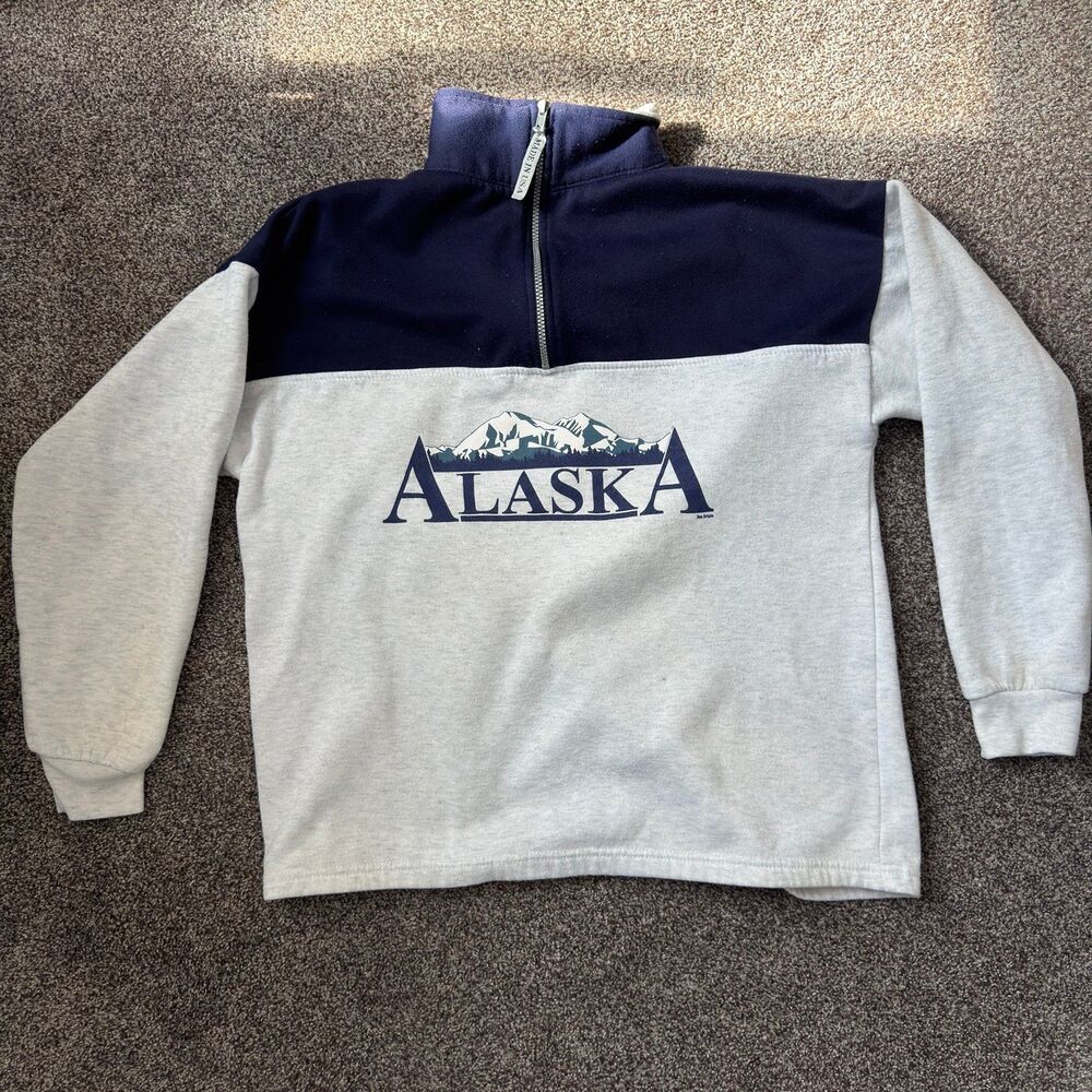 Vtg 1990s Alaska Grey Navy Color Block 1/4 Zip Pullover Fleece